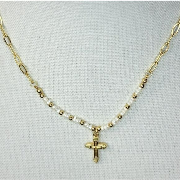 Gold Plated Stainless Steel Chain Freshwater Pearl Beads Cross‎ Pendant Necklace - Picture 7 of 14